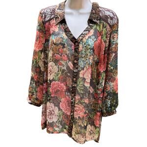 Figueroa & Flower | XL Sheer & Lace Bold Button Up Funky Eclectic